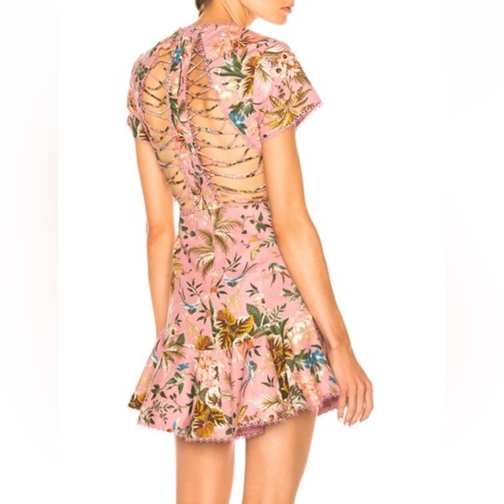 Unbranded Whimsical Sexy Floral Pink Lace-Up Back Short Dress